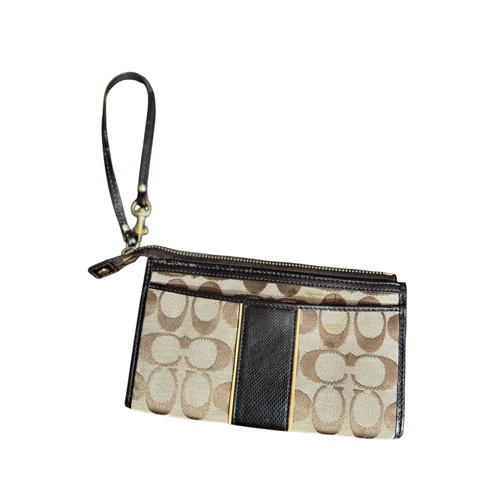 Coach Signature Canvas‎ Wristlet Brown Logo Zip Pouch with Leather Trim - Picture 3 of 4